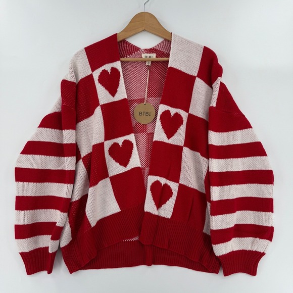 BIBI Red White Heart Checkered Valentine Oversized Cardigan Sweater Medium NWT - Picture 1 of 6